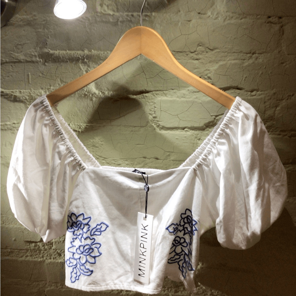 NEW! MINKPINK White Embroidered Puff-Sleeve Crop Top